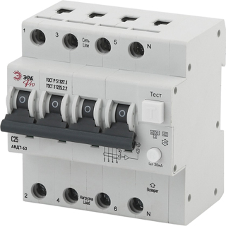 АВДТ 63 (А) C25 30mA 6кА 3P+N - NO-901-94 Автоматический выключатель дифференциального тока ЭРА Pro