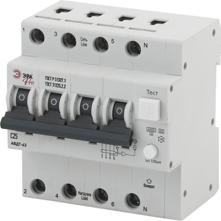 АВДТ 63 (А) C25 100mA 6кА 3P+N - NO-902-18 Автоматический выключатель дифференциального тока ЭРА Pro