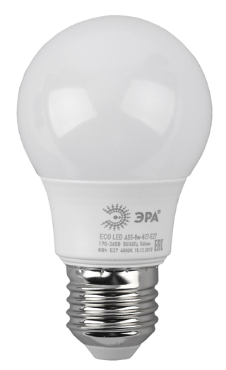 Лампы СВЕТОДИОДНЫЕ ЭКО ECO LED A55-8W-827-E27  ЭРА (диод, груша, 8Вт, тепл, E27)