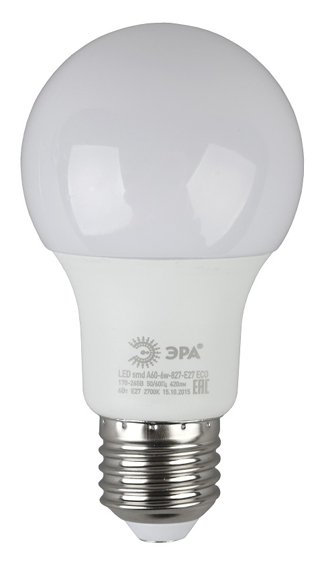 Лампы СВЕТОДИОДНЫЕ ЭКО ECO LED A60-6W-827-E27  ЭРА (диод, груша, 6Вт, тепл, E27),