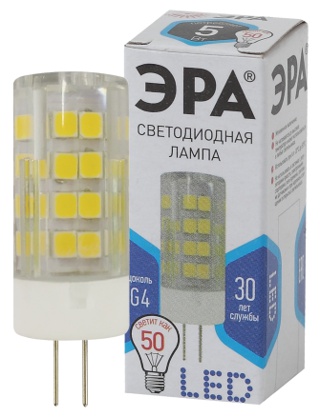Лампы СВЕТОДИОДНЫЕ СТАНДАРТ LED JC-5W-220V-CER-840-G4  ЭРА (диод, капсула, 5Вт, нейтр, G4)