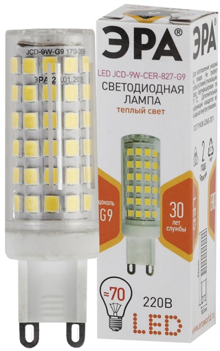 Лампы СВЕТОДИОДНЫЕ СТАНДАРТ LED JCD-9W-CER-827-G9  ЭРА (диод, капсула, 9Вт, тепл, G9)
