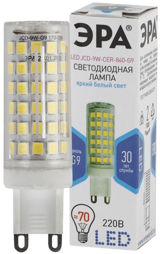 Лампы СВЕТОДИОДНЫЕ СТАНДАРТ LED JCD-9W-CER-840-G9  ЭРА (диод, капсула, 9Вт, нейтр, G9)