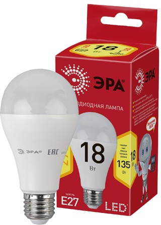 Лампы СВЕТОДИОДНЫЕ ЭКО ECO LED A65-18W-827-E27  ЭРА (диод, груша, 18Вт, тепл, E27)