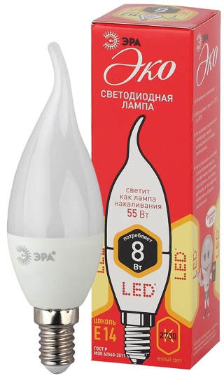 Лампы СВЕТОДИОДНЫЕ ЭКО ECO LED BXS-8W-827-E14  ЭРА (диод, свеча на ветру, 8Вт, тепл, E14)